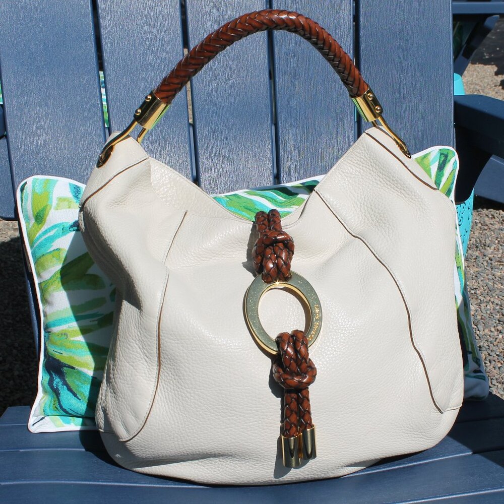 Michael Kors Collection Skorpios Leather Braided handle hobo gold tone logo flap